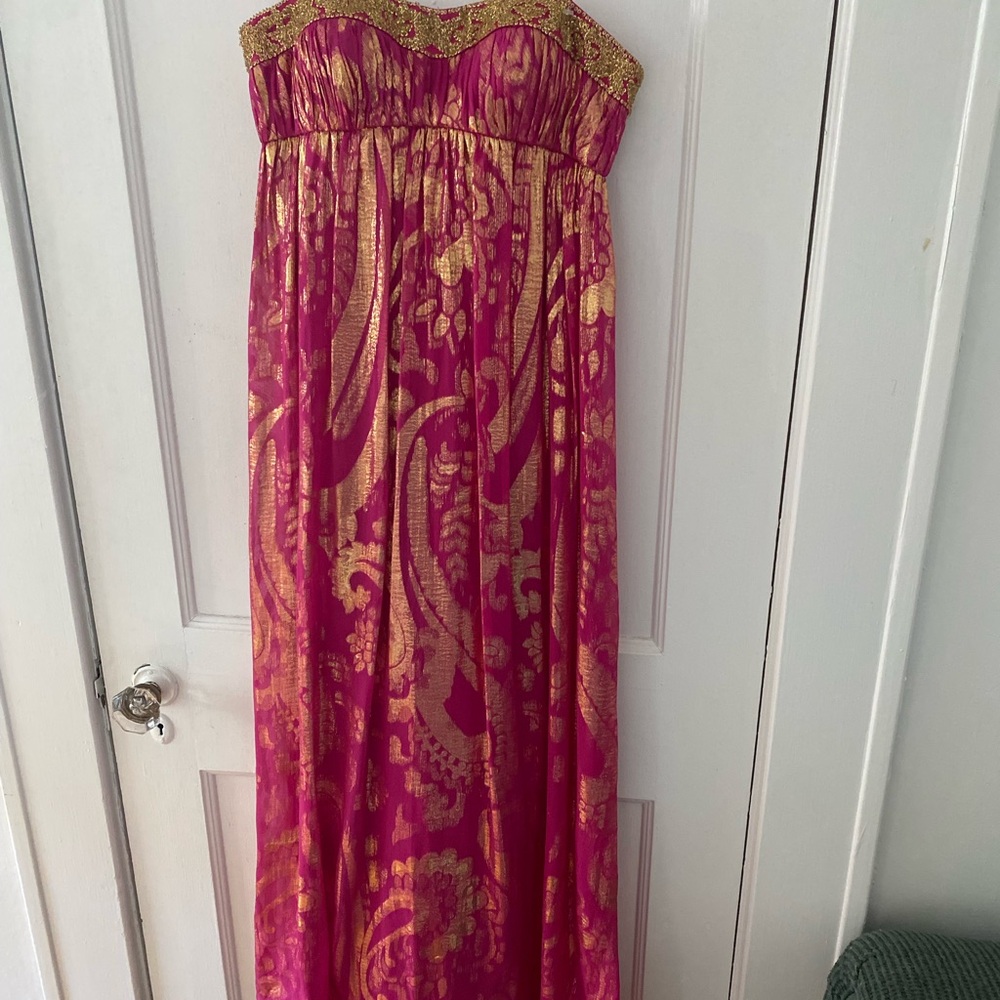 Pink and Gold Strapless Maxi Dress